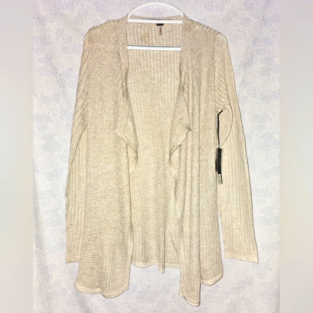 Poof! Women’s Lightweight Waterfall Waffle Cardigan Large Oatmeal Heather Open